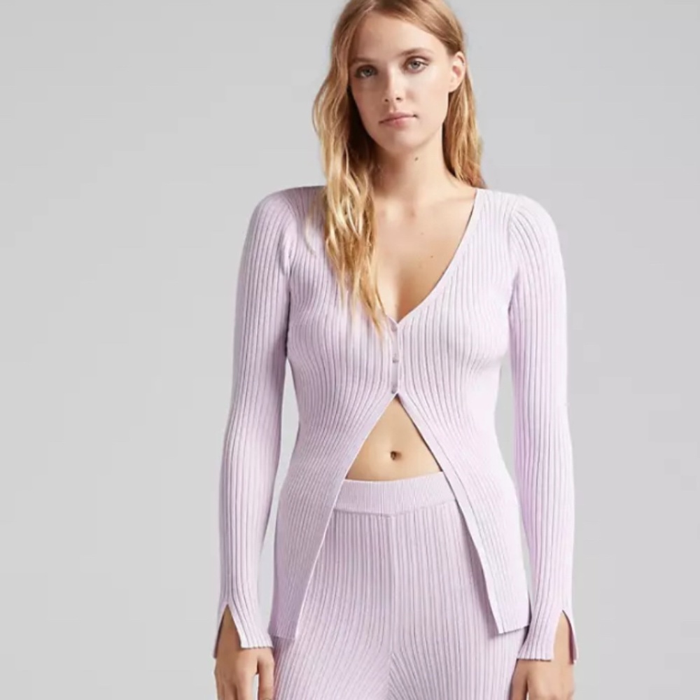 Bershka knitted rib detail pants with split detail in lilac